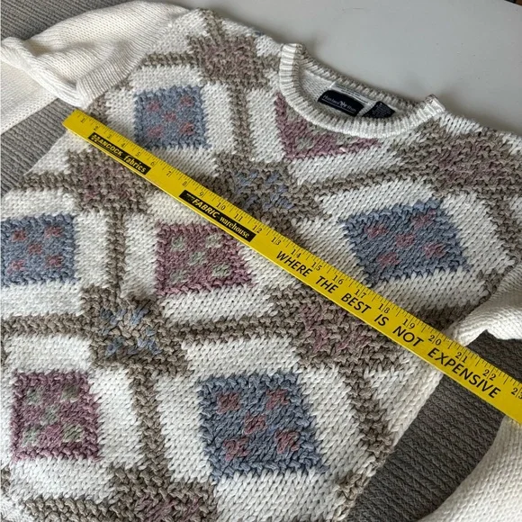 Vintage 80s 90s Hunters Run Tan White Pink Argyle Knit Sweater Size Large - Picture 7 of 8